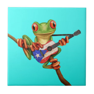 Baum-Frosch, der Puerto- Ricoflaggen-Gitarren-Blau Fliese