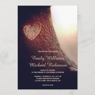 Baum geschnitztes Herz Rustikale und Vintage Hochz Einladung