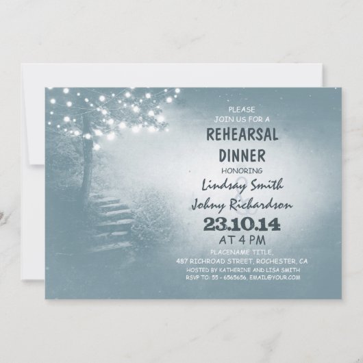 Baum mit Lichtern rustikale Probe Abendessen Einladung (Vorderseite)