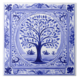 Baum Mittelmeer Rustikale Kunst in Blau und Weiß Fliese