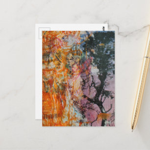 Baum-Mixed-Media-Collage Pink Orange Blau Schwarz Postkarte
