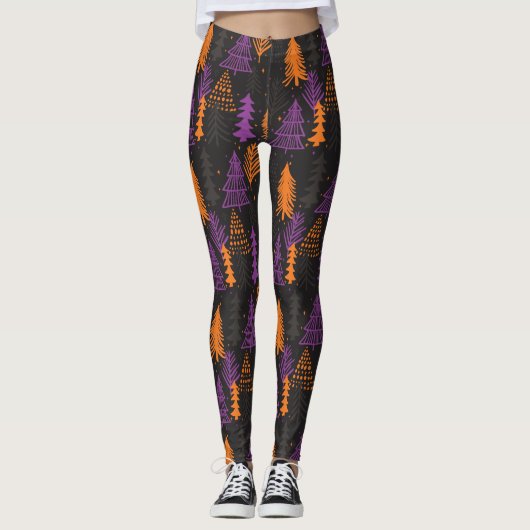 Baum-Muster-Schwarz-Orange Halloweens immergrüne Leggings (Vorderseite)
