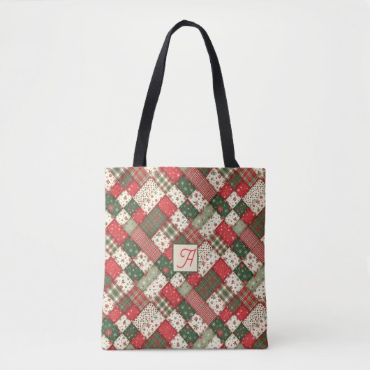 Baum-Muster-Weihnachten Patchwork grün rot Name Tasche (Vorderseite)