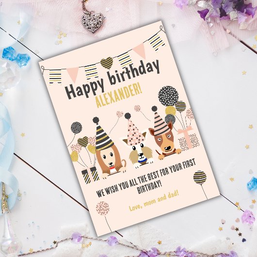 Baum niedliche Hunde mit Party-Hüte Ballons Geburt