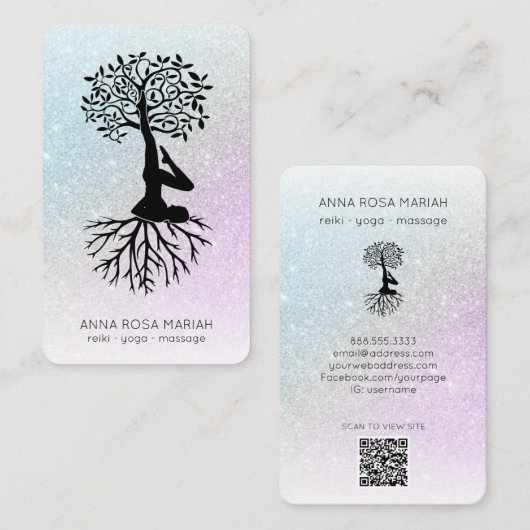 *~* Baum Pastel QR Zen Glitzer Yoga Visitenkarte (Vorne/Hinten)
