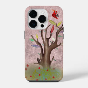Baum roter Vogel gemalte Kunst blass rosa iPhone 14 Pro Hülle