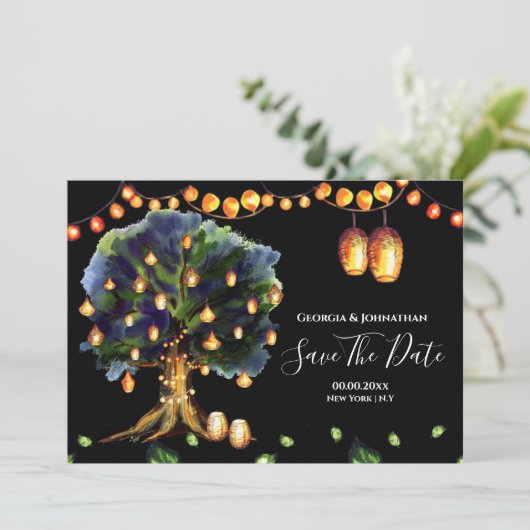 Baum rustikal-orientalische Laterne Save The Date (Stehend Vorderseite)