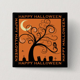 Baum und Friedhof Orange Kunst Frohes Halloween Button