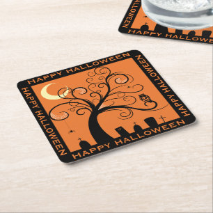 Baum und Friedhof Orange Kunst Frohes Halloween Rechteckiger Pappuntersetzer
