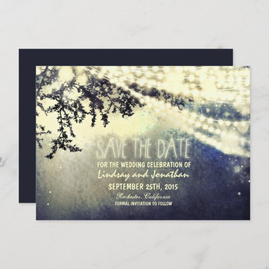 Baum und Lichter rustikal speichern Sie die Datums Save The Date (Vorne/Hinten)