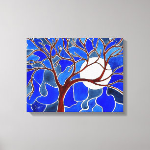 Baum und Mond auf Leinwand - Blau