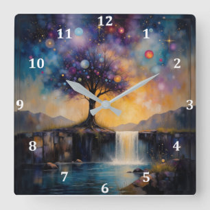 Baum- und Wasserfalluhr Quadratische Wanduhr