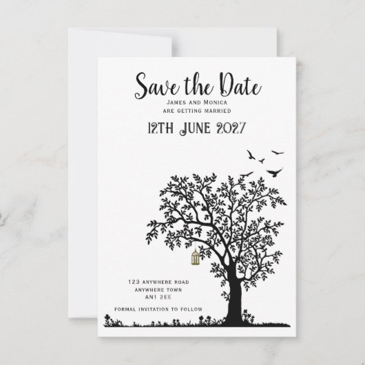 Baum/Vogel Einfach Schwarz und Weiß Save the Date Einladung (Vorderseite)