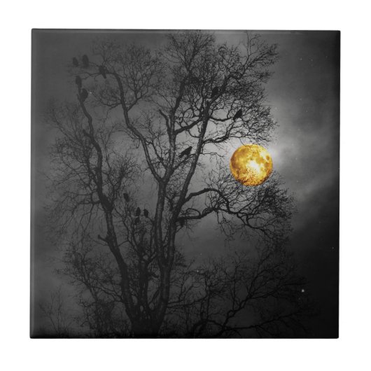 Baum voll der Raben mit einem Vollmond Fliese (Vorderseite)