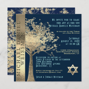 Baum von Life Gold und Navy Blue Bar Mitzvah Einladung