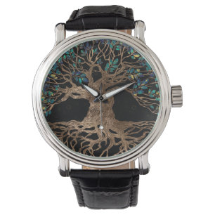 Baum - Yggdrasil Golden und Marmor Armbanduhr