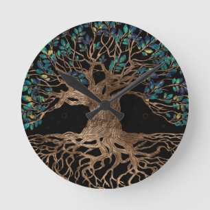 Baum - Yggdrasil Golden und Marmor Runde Wanduhr