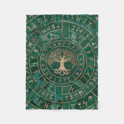 Baum - Yggdrasil und Futhark - Malachit Fleecedecke (Vorderseite)