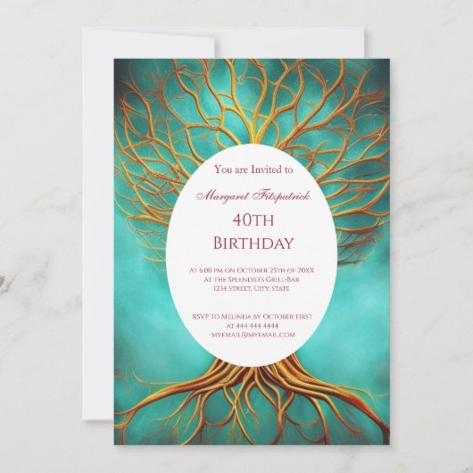 Bäume aus Lebensgold aquamarin jedes Alter Geburts Einladung (Vorderseite)
