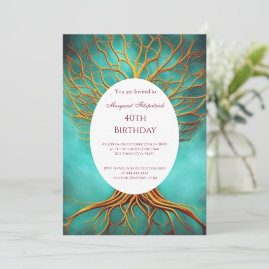 Bäume aus Lebensgold aquamarin jedes Alter Geburts Einladung (Stehend Vorderseite)