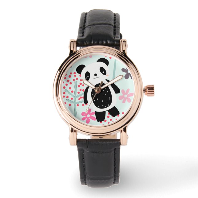 Bäume, Blume und Panda-Bären Armbanduhr (Vorderseite)