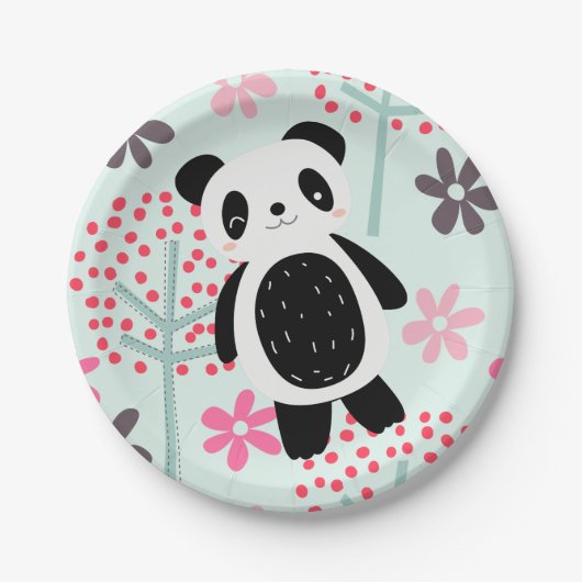 Bäume, Blume und Panda-Bären Pappteller (Vorderseite)
