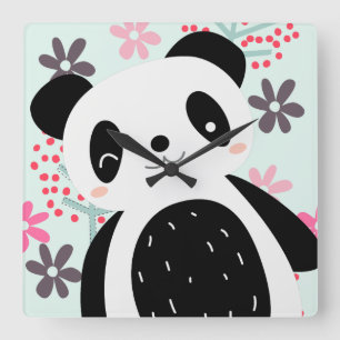 Bäume, Blume und Panda-Bären Quadratische Wanduhr