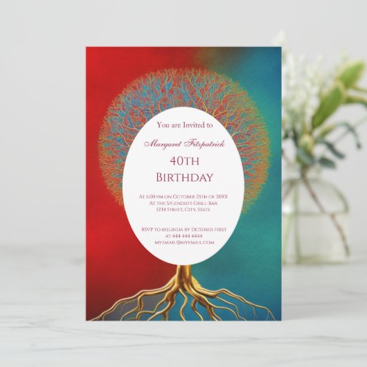 Bäume des Lebens goldrot aquamarin jedes Lebensjah Einladung (Stehend Vorderseite)