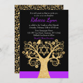Bäume des Lebens Vögel Lila Gold Bat Mitzvah Einladung (Vorne/Hinten)