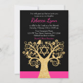 Bäume des Lebens Vögel Rosa Gold Bat Mitzvah Einladung (Vorderseite)