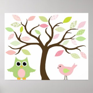 Bäume, Eule und Vogelplakat für Kinderzimmer Poster