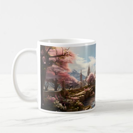 Bäume, Fluss und Palast in einer anderen Welt Kaffeetasse (Links)