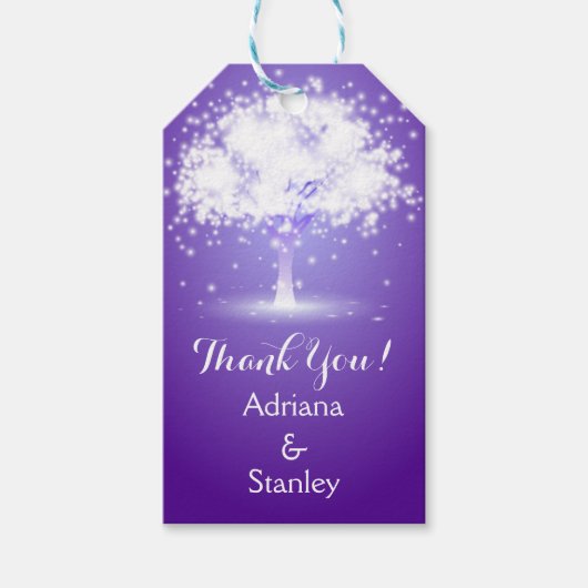 Bäume & Glanzlichter lila Hochzeit Danke Geschenkanhänger (Vorderseite)