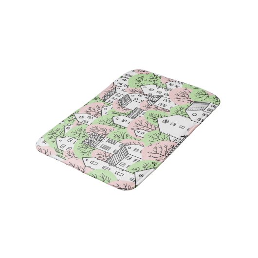 Bäume, Häuser, frühlingstädtische Landschaft Badematte (Schrägansicht)