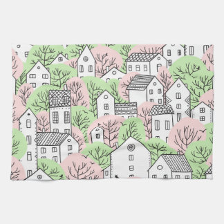 Bäume, Häuser, frühlingstädtische Landschaft Geschirrtuch