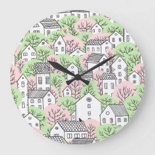 Bäume, Häuser, frühlingstädtische Landschaft Große Wanduhr