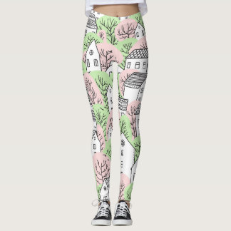 Bäume, Häuser, frühlingstädtische Landschaft Leggings