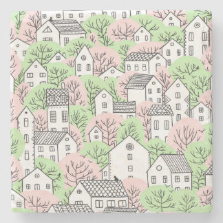 Bäume, Häuser, frühlingstädtische Landschaft Steinuntersetzer