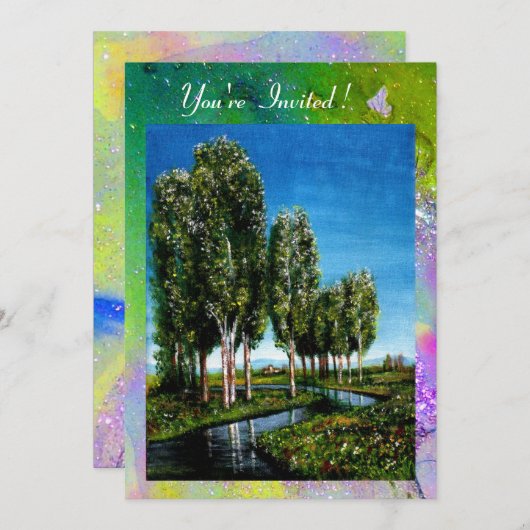 BÄUME IN DER Toskana, lila, gelbgrünes Funkeln Einladung (Vorne/Hinten)