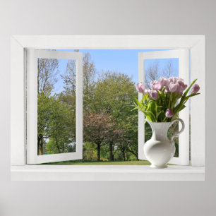 Bäume in Springtime - Fenster öffnen mit Tulips Poster