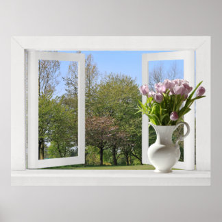 Bäume in Springtime - Fenster öffnen mit Tulips Poster