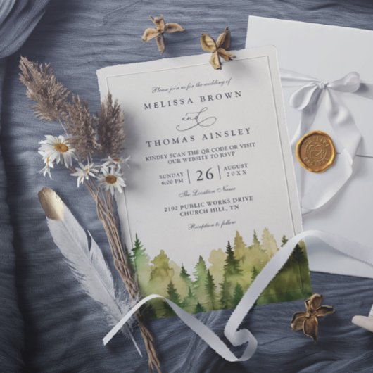Bäume Kiefernwald Rustikal Elegant QR-Code Hochzei Einladung