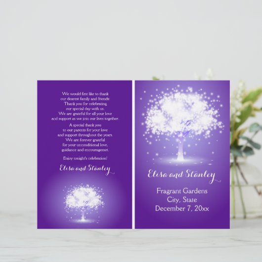 Bäume mit glänzenden Lichtern lila Hochzeitsprogra (Stehend Vorderseite)