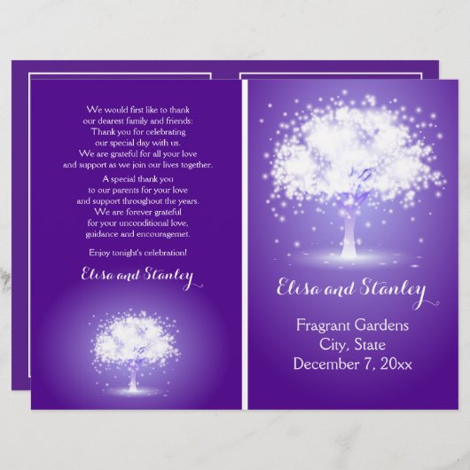 Bäume mit glänzenden Lichtern lila Hochzeitsprogra (Vorne/Hinten)