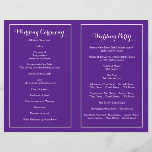 Bäume mit glänzenden Lichtern lila Hochzeitsprogra (Rückseite)