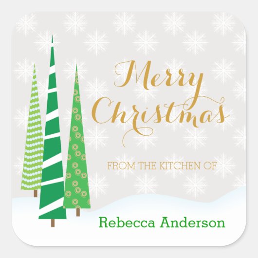 Bäume & Schneeflocken Frohe Weihnachtsgebäck Quadratischer Aufkleber (Vorderseite)