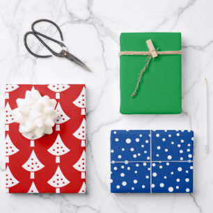 Bäume, Schneeflocken und Wünsche trifarbige Weihna Geschenkpapier Set
