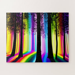 Bäume Silhouetten im Regenbogenbewald Puzzle