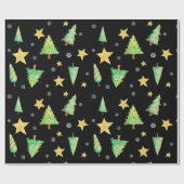 Bäume Sterne und Schneeflocken auf schwarzem Gesch Geschenkpapier (Flach)