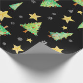 Bäume Sterne und Schneeflocken auf schwarzem Gesch Geschenkpapier (Ecke)